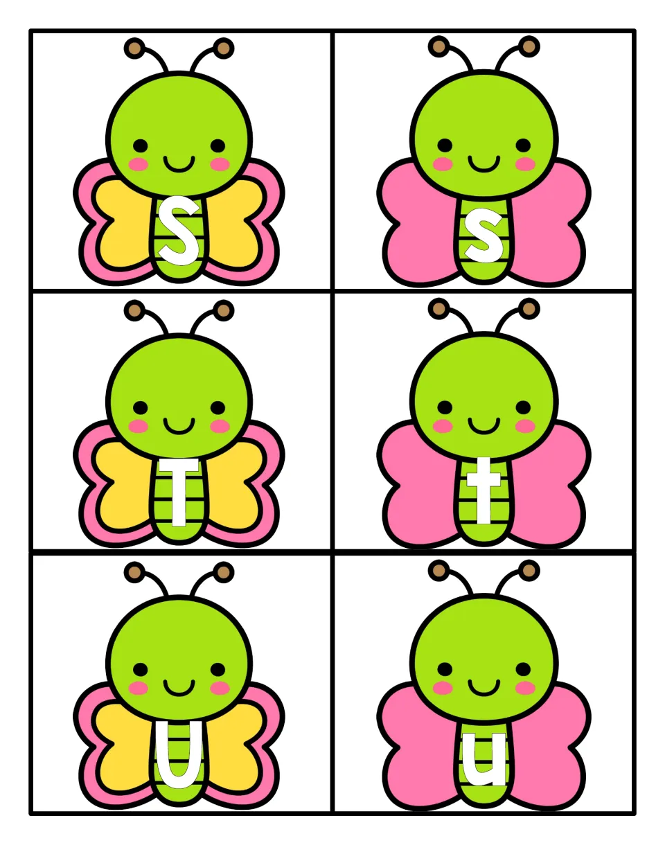 Letters S, T and U: butterfly cards with capital S, T, U and lowercase s, t, u to name aloud and sort into pairs