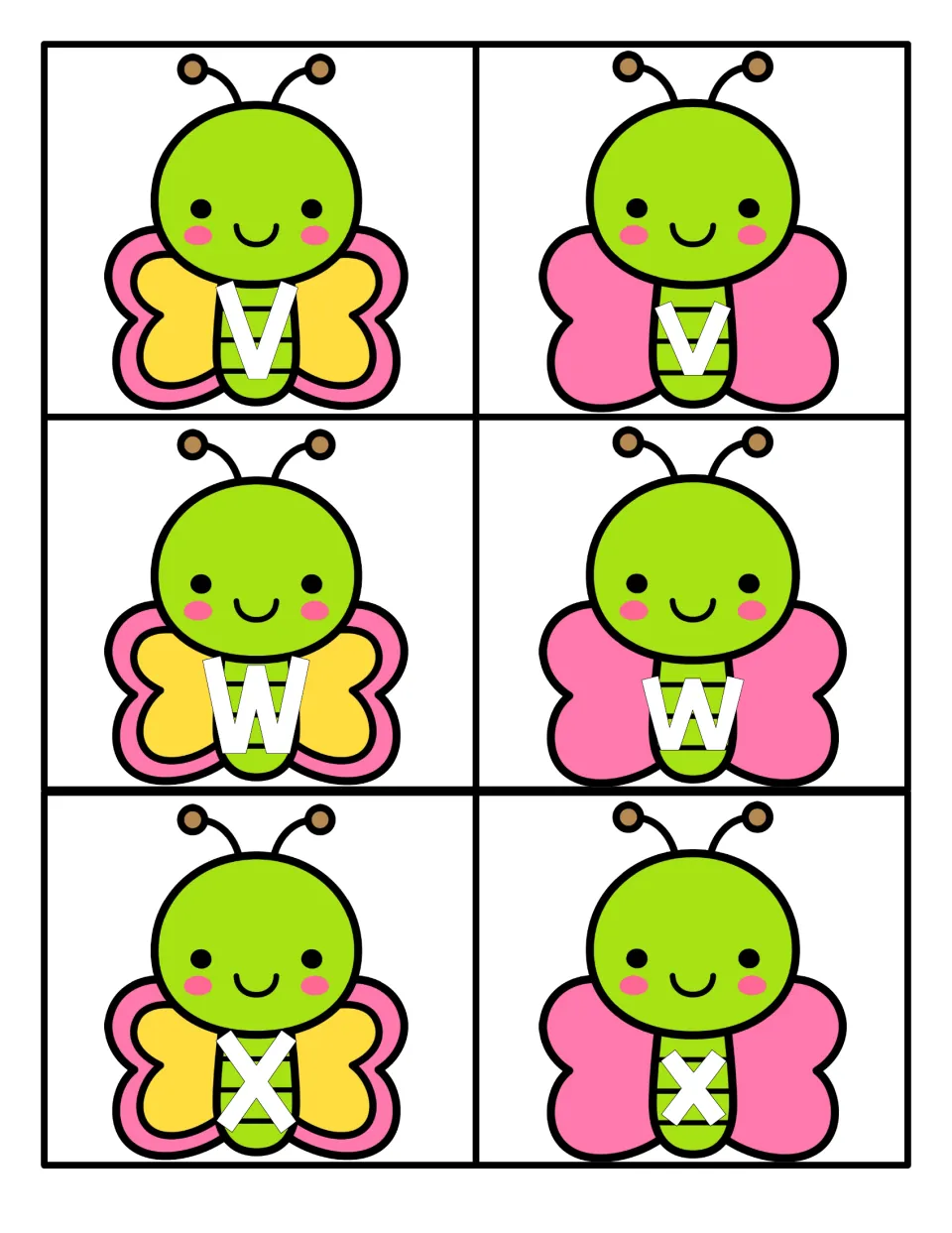 Letters V, W and X: butterfly cards, uppercase V, W, X on yellow wings, lowercase v, w, x on pink wings, to pair up