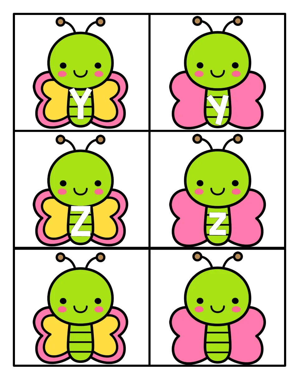 Letters Y and Z: butterfly cards for matching Y with y and Z with z, plus two blank butterfly cards