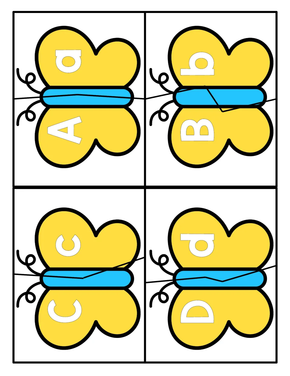 Letters A to D: students cut each yellow butterfly apart and match uppercase A, B, C, D wings to lowercase a, b, c, d