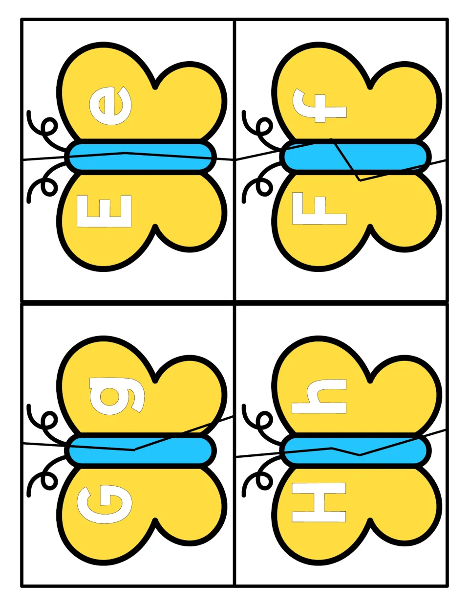 Letters E to H: two-piece butterfly puzzles where students pair uppercase E, F, G, H with lowercase e, f, g, h
