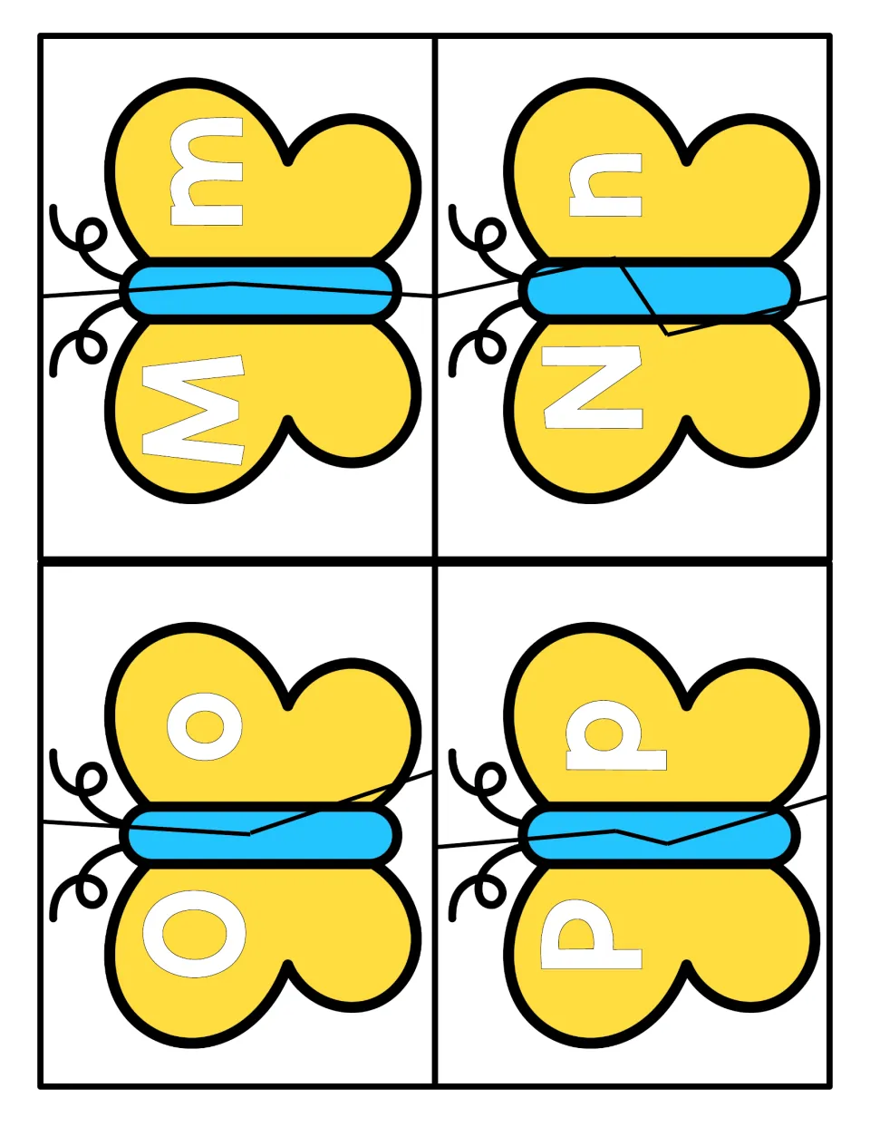 Letters M to P: butterfly puzzle halves for matching uppercase M, N, O, P with lowercase m, n, o, p to build letter pairs