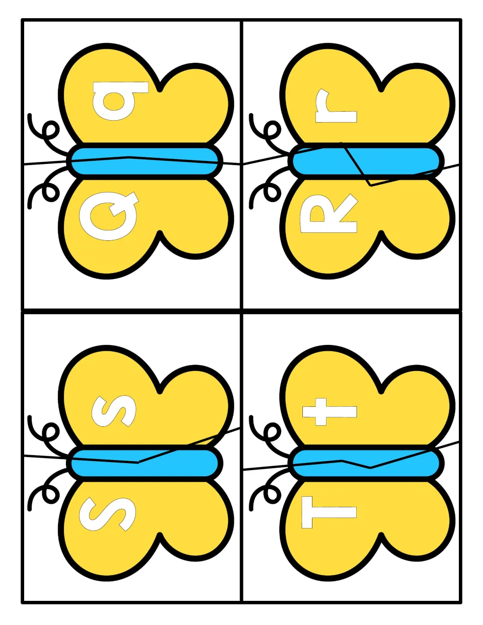 Letters Q to T: students fit together butterfly puzzle halves showing uppercase Q, R, S, T and lowercase q, r, s, t