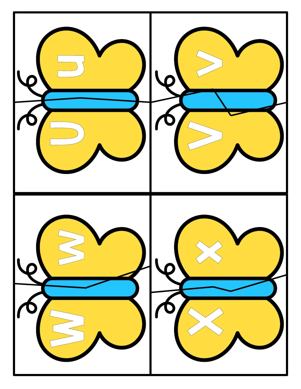 Letters U to X: two-piece butterflies for upper and lowercase matching of U, V, W, X with u, v, w, x on the wing halves