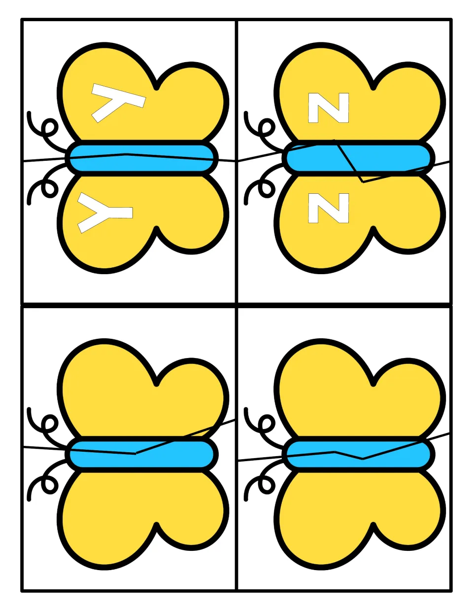 Letters Y and Z: final butterfly puzzles pairing uppercase Y and Z with lowercase y and z, plus two blank butterflies