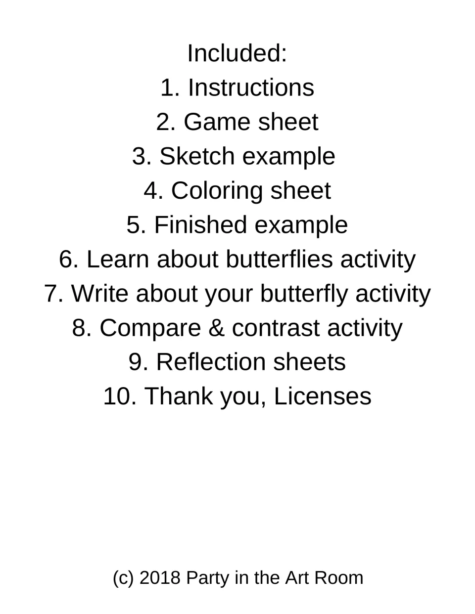 Contents list: instructions, game sheet, sketch and finished examples, coloring sheet, writing, compare and reflection pages