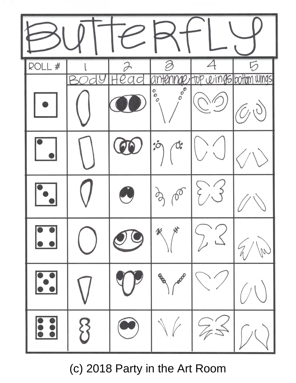Roll-a-butterfly drawing game: each die roll from 1 to 6 picks a body, head, antennae, top wings and bottom wings design