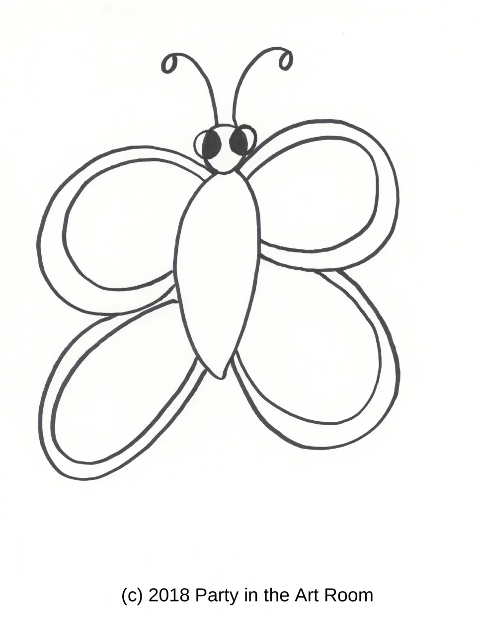 Sketch example of a butterfly in black outline with curled antennae, round eyes, an oval body and four looped wings