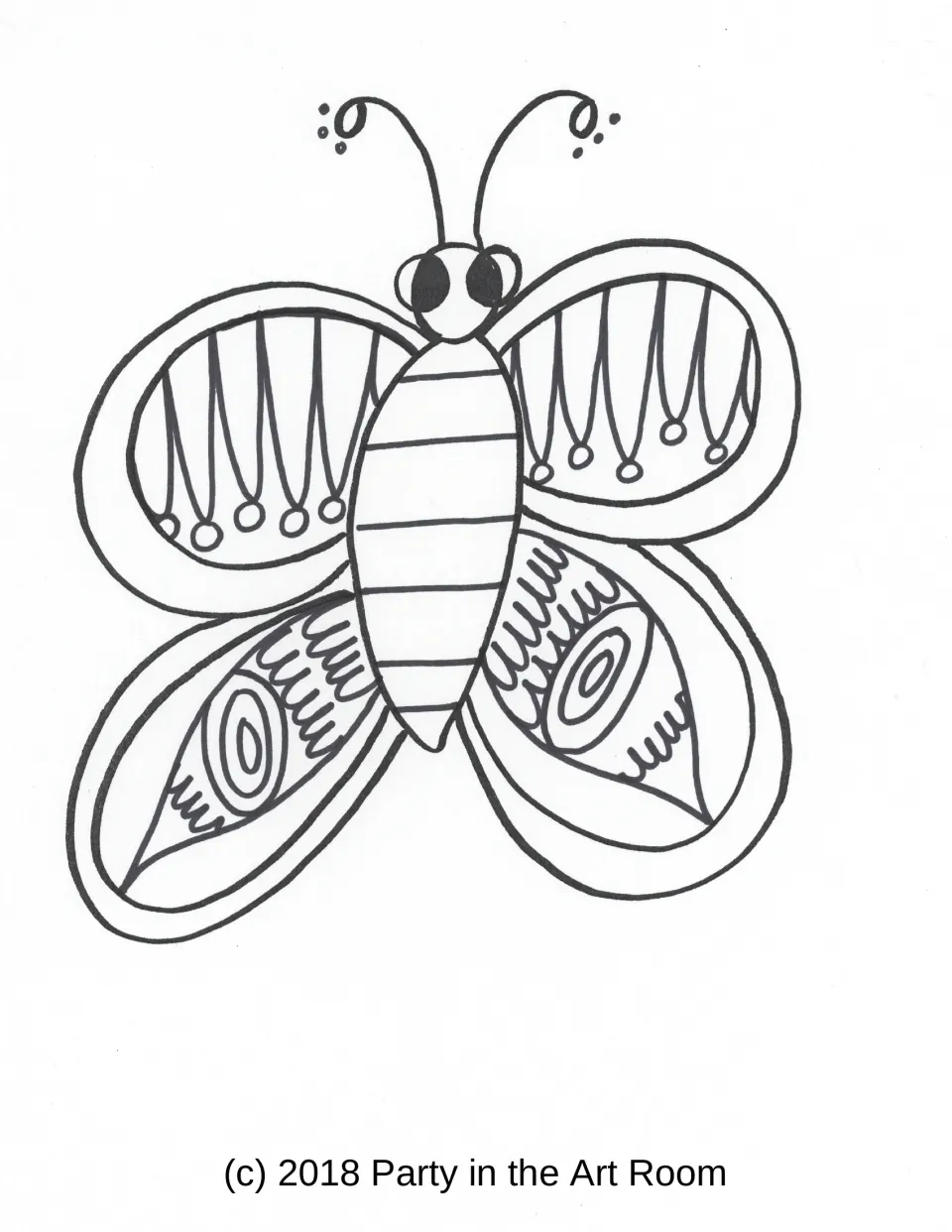 Butterfly coloring sheet: students color a striped body, dotted antennae and wings patterned with fringed lines and circles