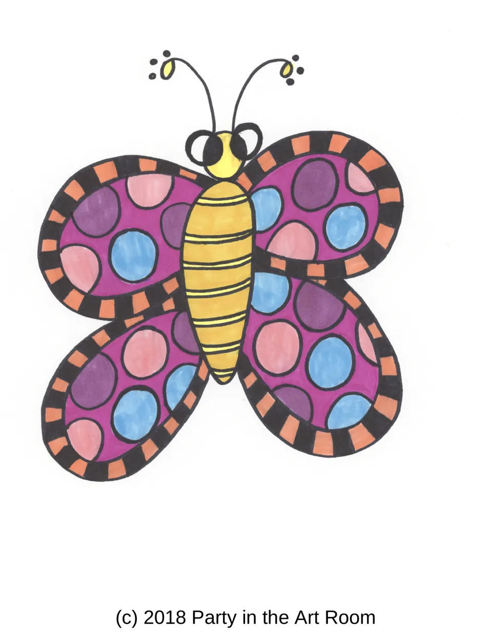 Finished butterfly example colored in marker: magenta wings with pink, purple and blue dots, orange-black edges, yellow body