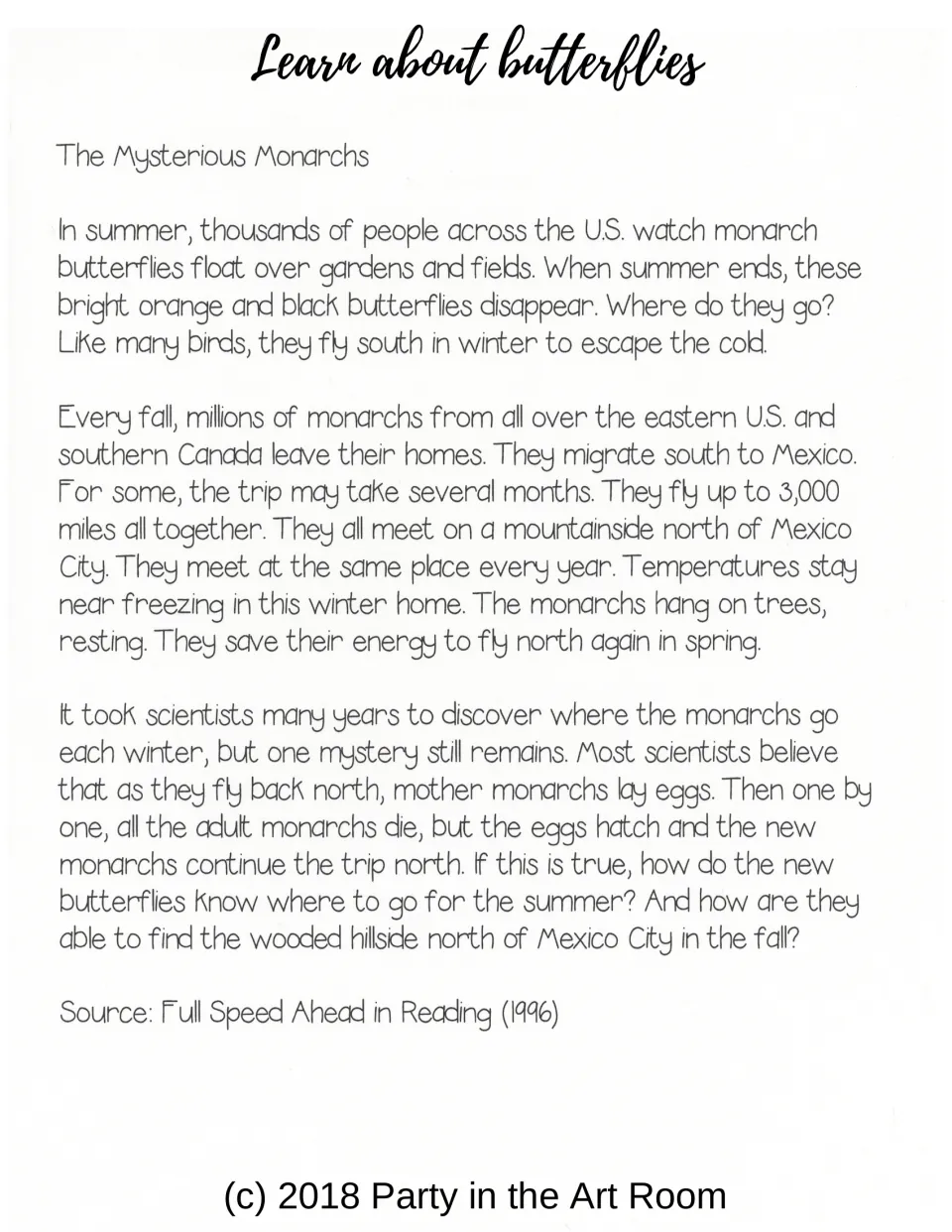 Learn about butterflies reading passage 'The Mysterious Monarchs' on monarch migration from the U.S. and Canada to Mexico