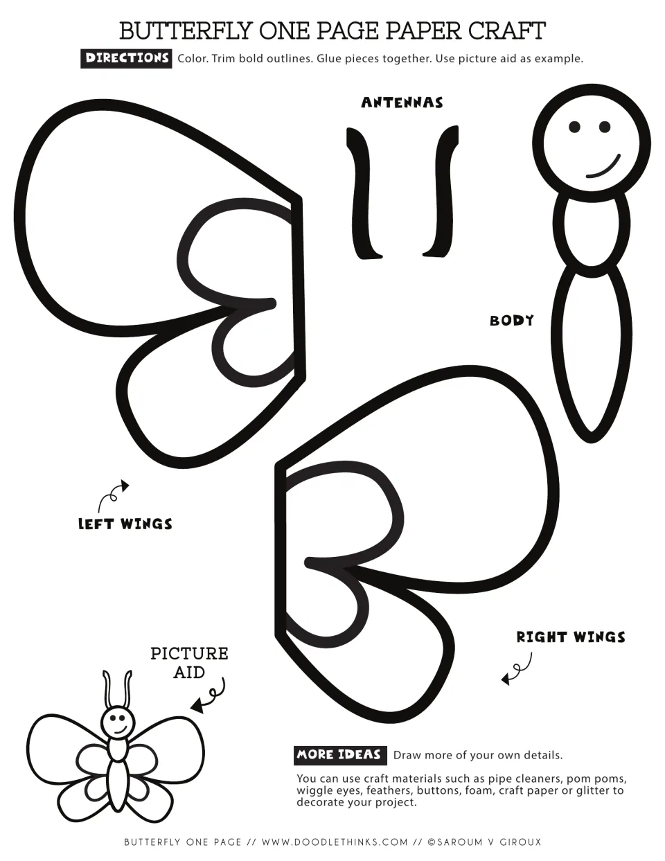 Butterfly paper craft template: students color, trim and glue the antennas, body, left and right wings using a picture aid