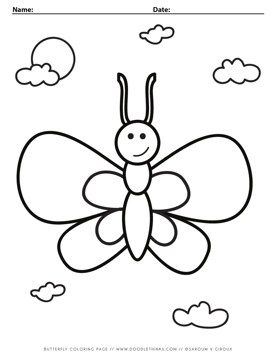 Butterfly coloring page: students color a smiling butterfly with antennas and two pairs of wings, plus a sun and clouds
