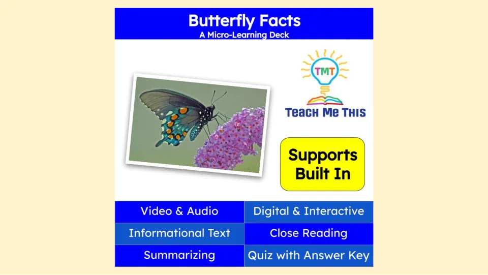 Cover of Butterfly Facts: a micro-learning deck featuring video, audio, informational text, and a quiz