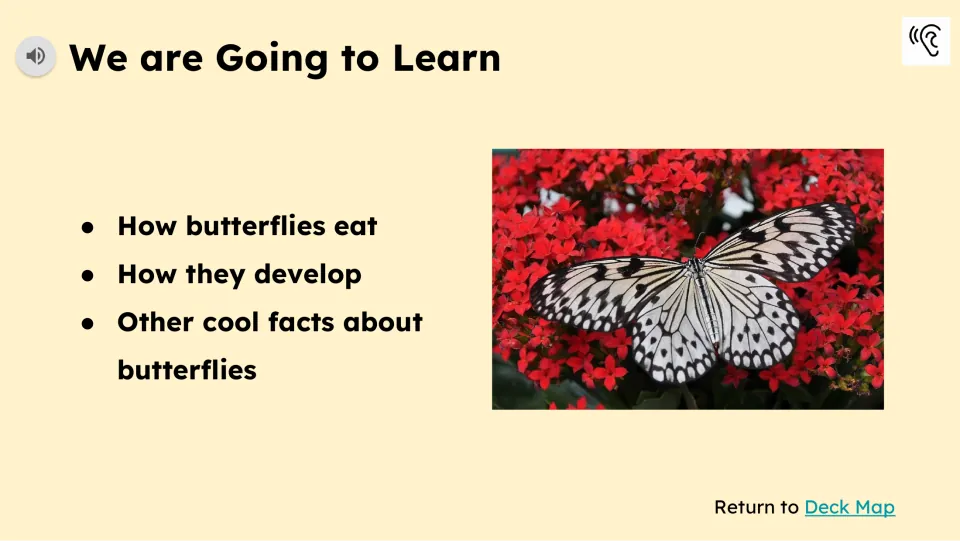 Learning goals slide lists how butterflies eat, how they develop, and other cool facts about butterflies