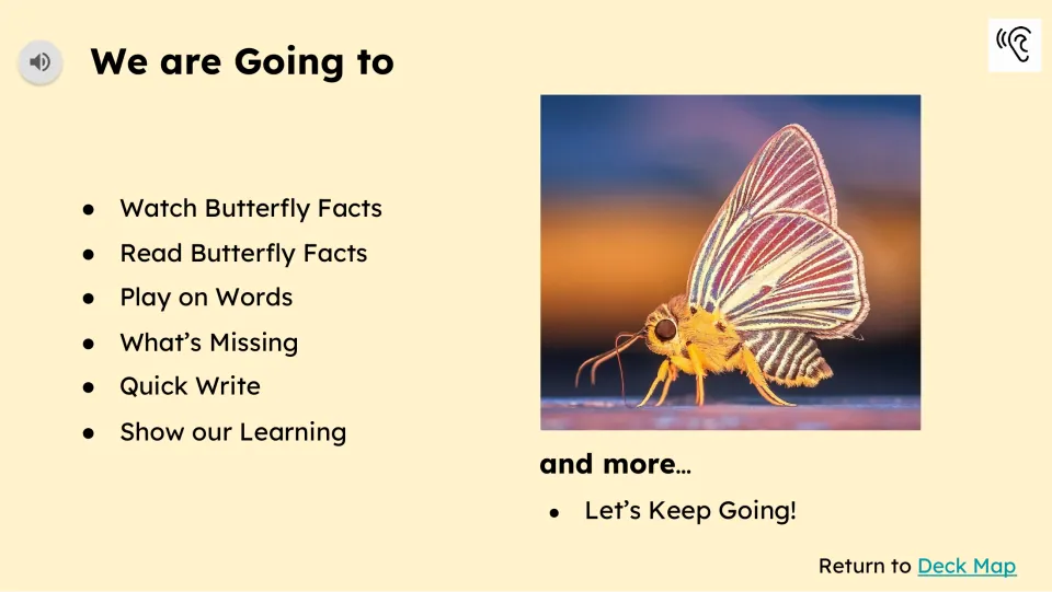 Activity preview lists watching, reading, Play on Words, What's Missing, Quick Write, and Show our Learning