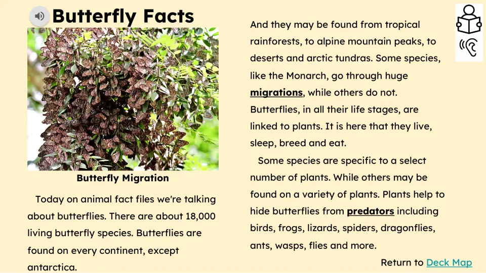 Reading passage introduces butterfly species, habitats, migrations, relationships with plants, and predators