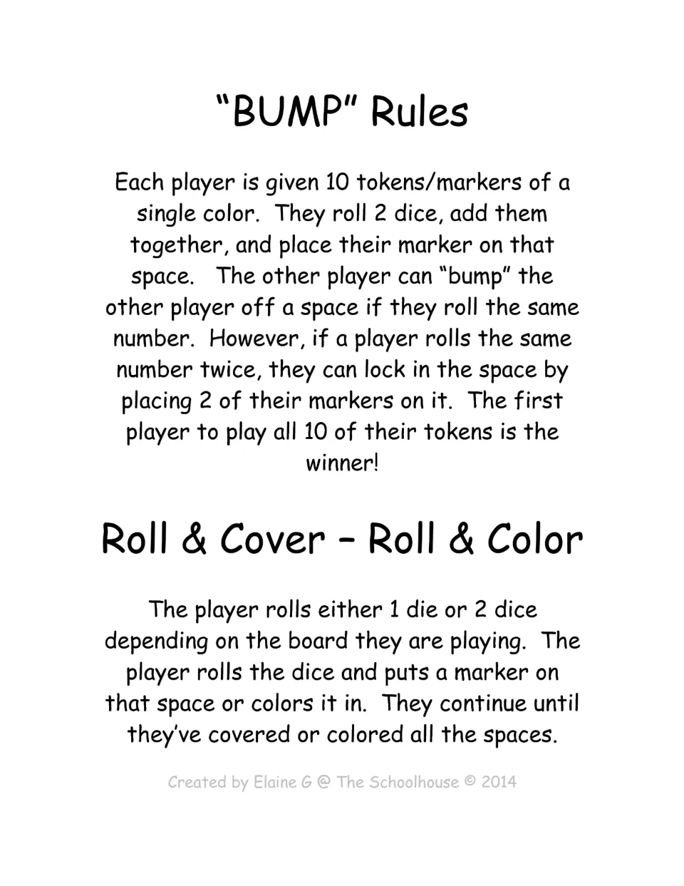 Game directions explain Bump using 10 tokens per player and Roll & Cover or Roll & Color using dice