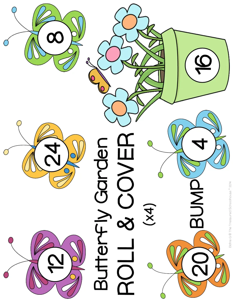 Multiplication game board for ×4 Roll & Cover or Bump, featuring the six numbers 4, 8, 12, 16, 20, and 24