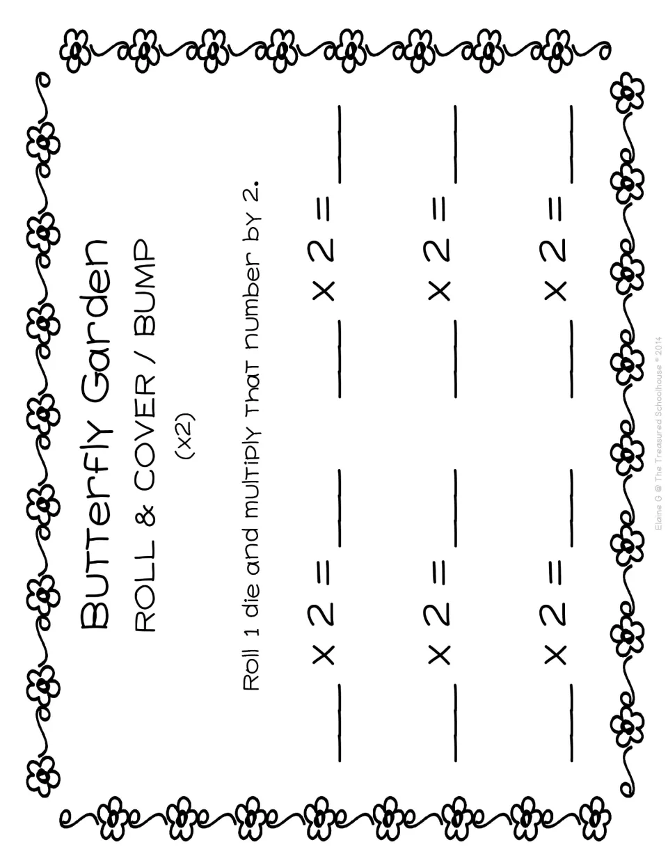 Recording sheet for the ×2 game directs students to roll one die and multiply by 2, completing six equations
