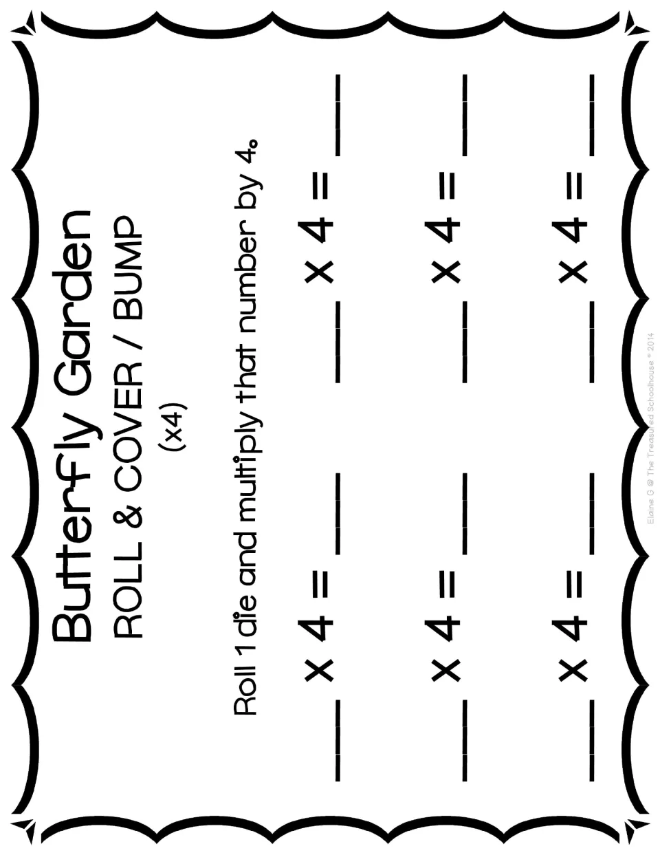 Recording sheet for the ×4 game directs students to roll one die and multiply by 4, completing six equations