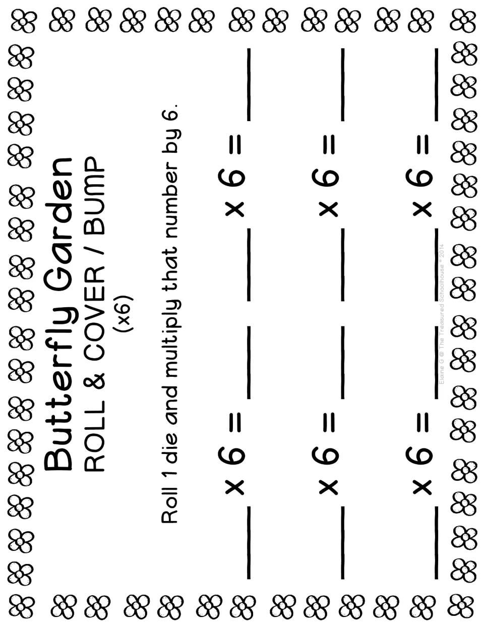 First ×6 recording sheet directs students to roll one die and multiply that number by 6 in six equations