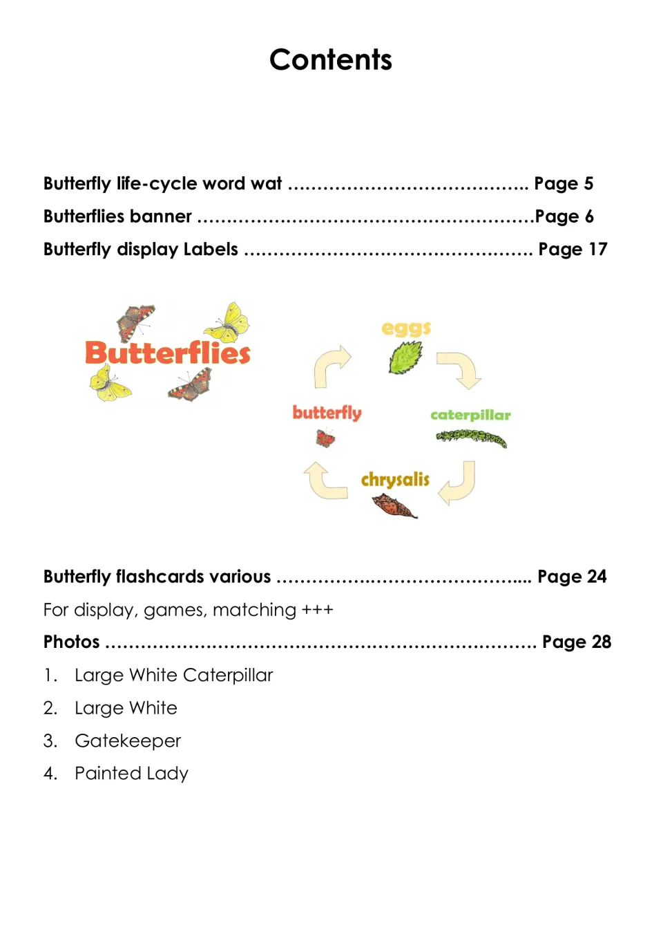 Contents list: life-cycle word wall, Butterflies banner, display labels, flashcards and photos of four named butterflies