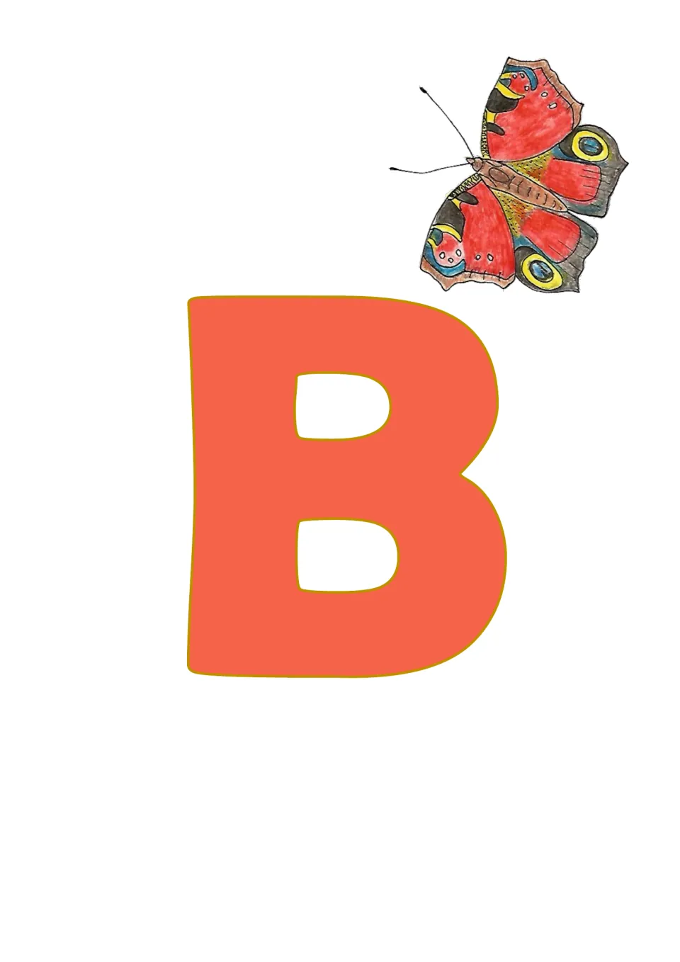 Butterflies banner cut-out piece: large orange capital letter B with a hand-drawn red peacock butterfly above it
