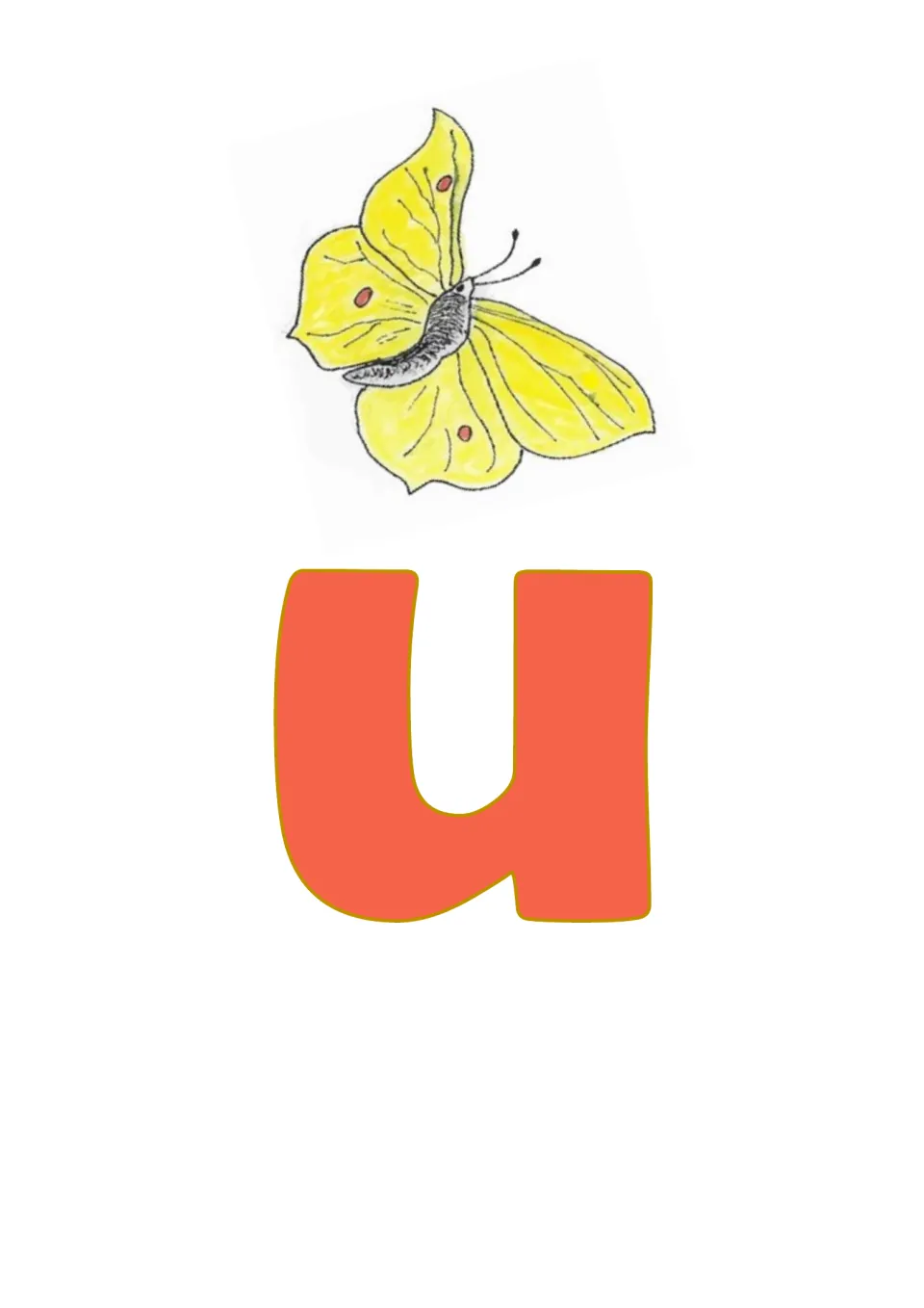 Banner cut-out piece: orange lowercase letter u beneath a hand-drawn pale yellow butterfly with small orange spots