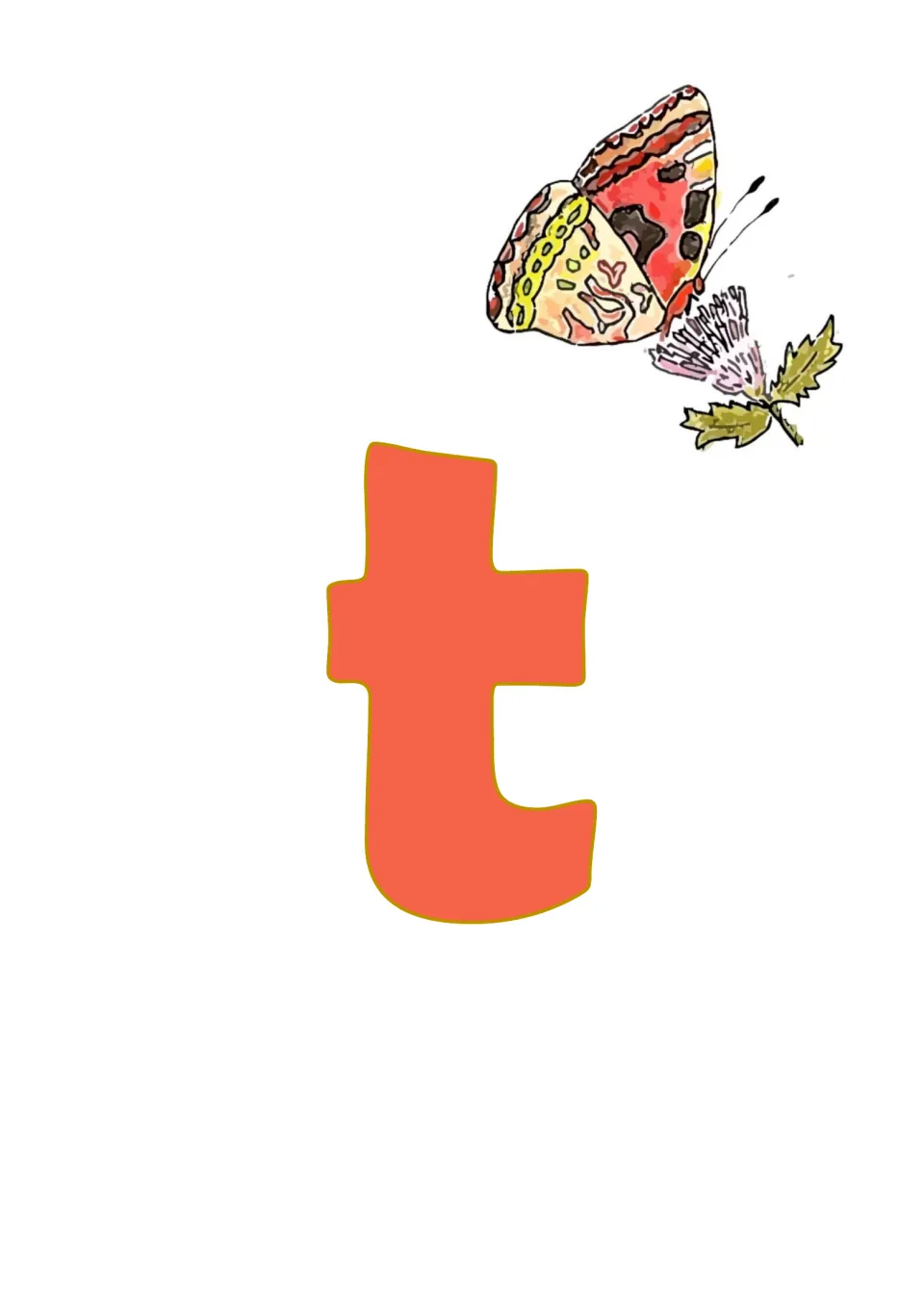 Banner cut-out piece: orange lowercase letter t with a red and cream butterfly feeding on a pink thistle flower