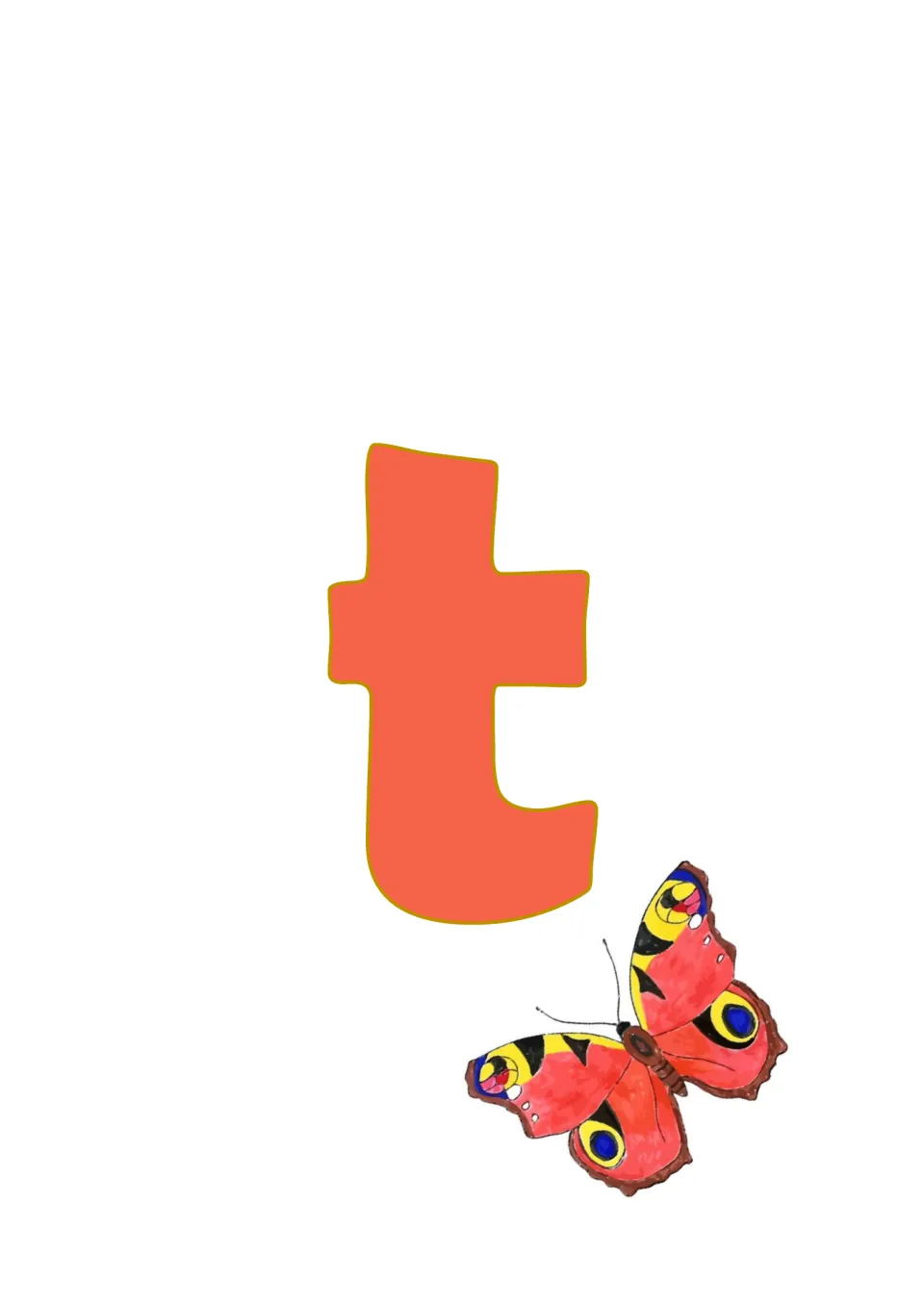Banner cut-out piece: the second orange lowercase t, with a red peacock-style butterfly drawn below the letter