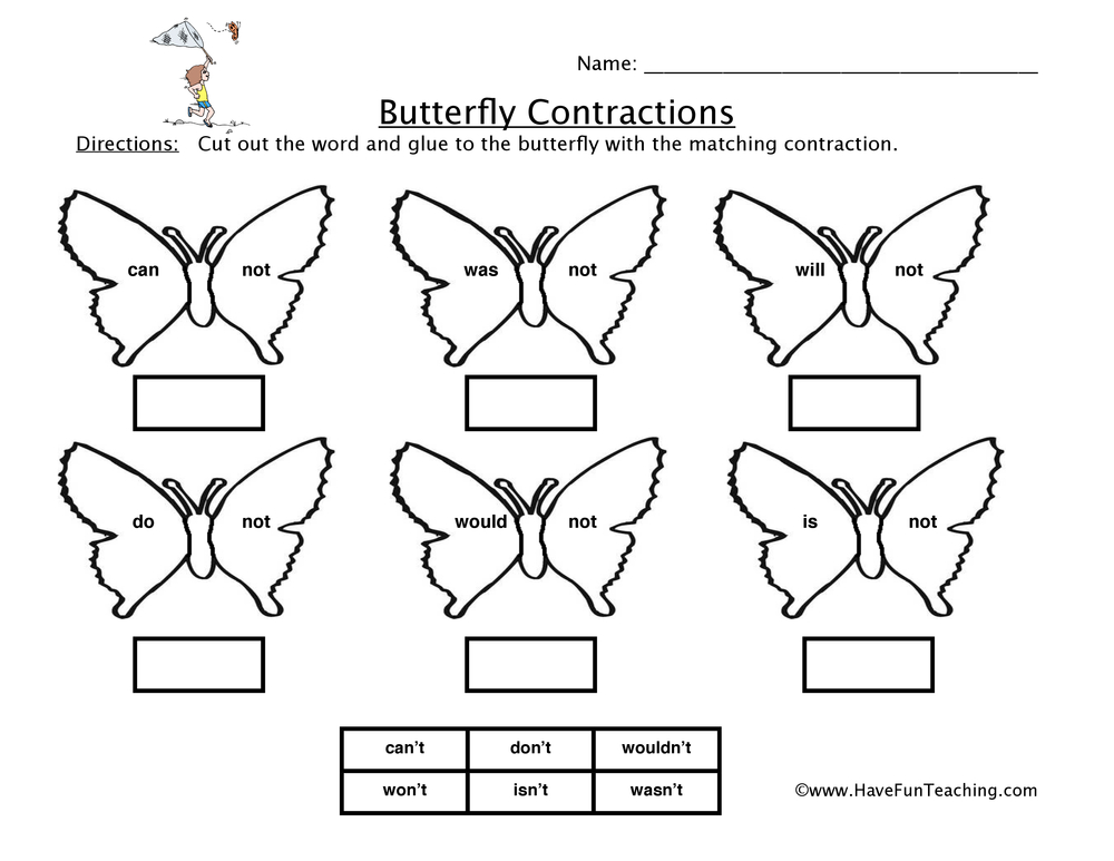 Butterfly Not Contractions Worksheet teaching resource preview
