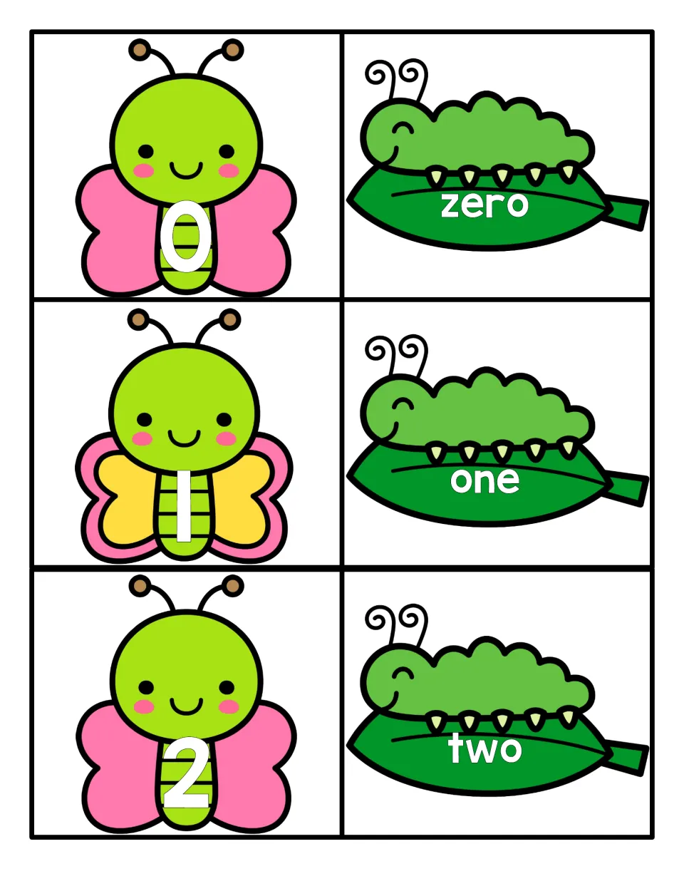 Numbers 0 to 2 matching: butterfly cards show numerals 0, 1, 2 and caterpillar cards show zero, one, two to pair up