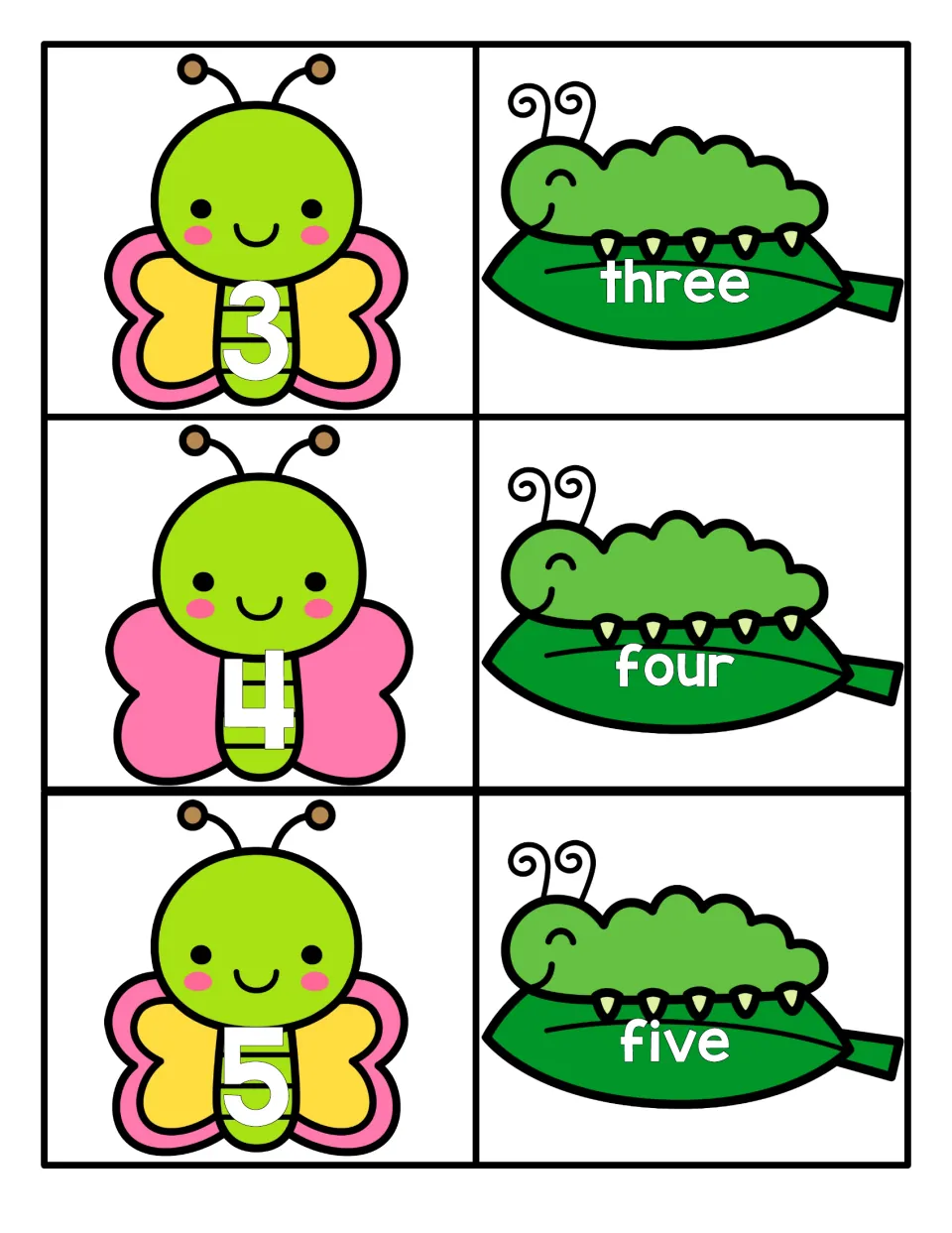 Numbers 3 to 5 matching: butterfly cards show numerals 3, 4, 5 and caterpillar cards show three, four, five to pair up