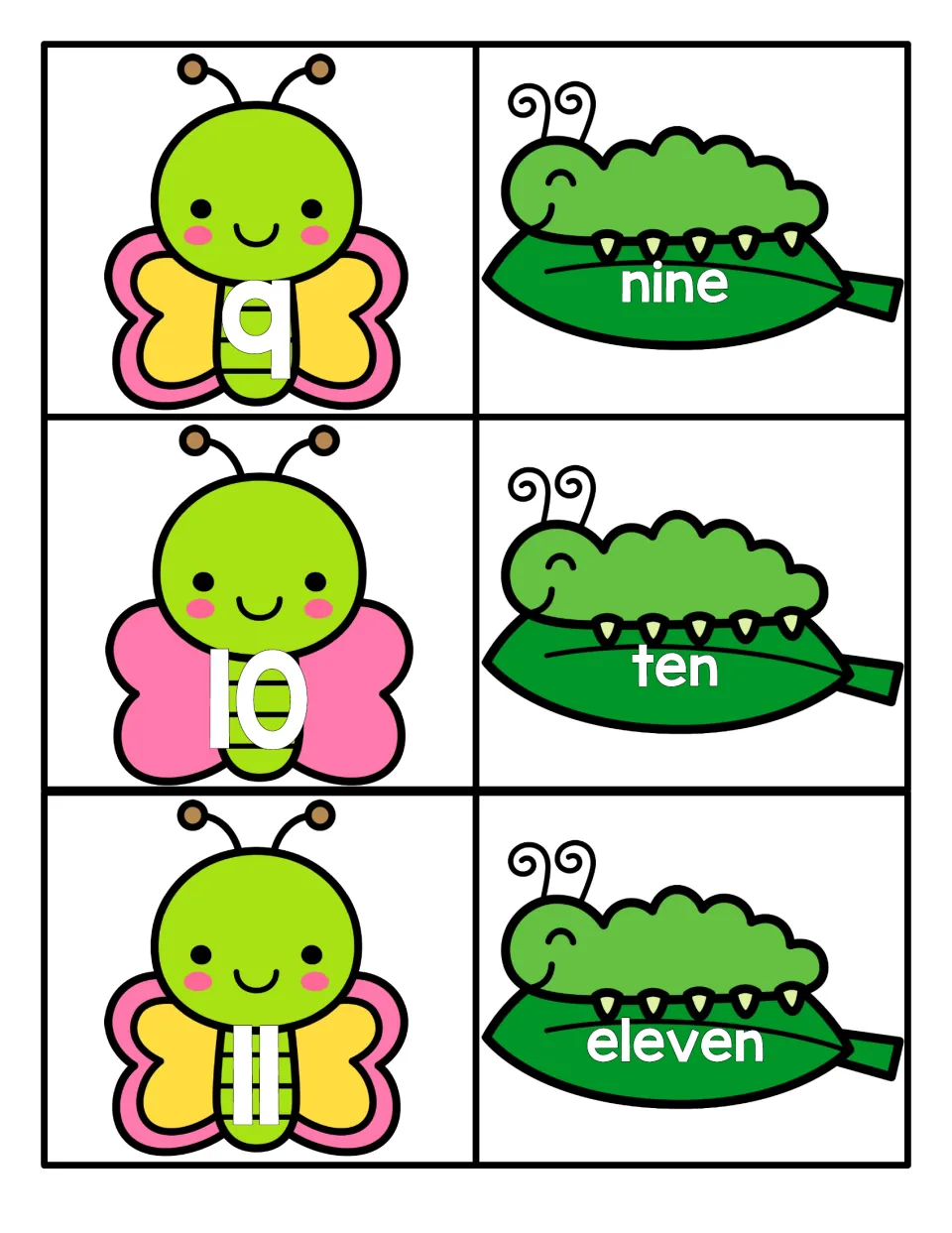 Numbers 9 to 11 matching: butterfly cards show numerals 9, 10, 11 and caterpillar cards show nine, ten, eleven to pair up