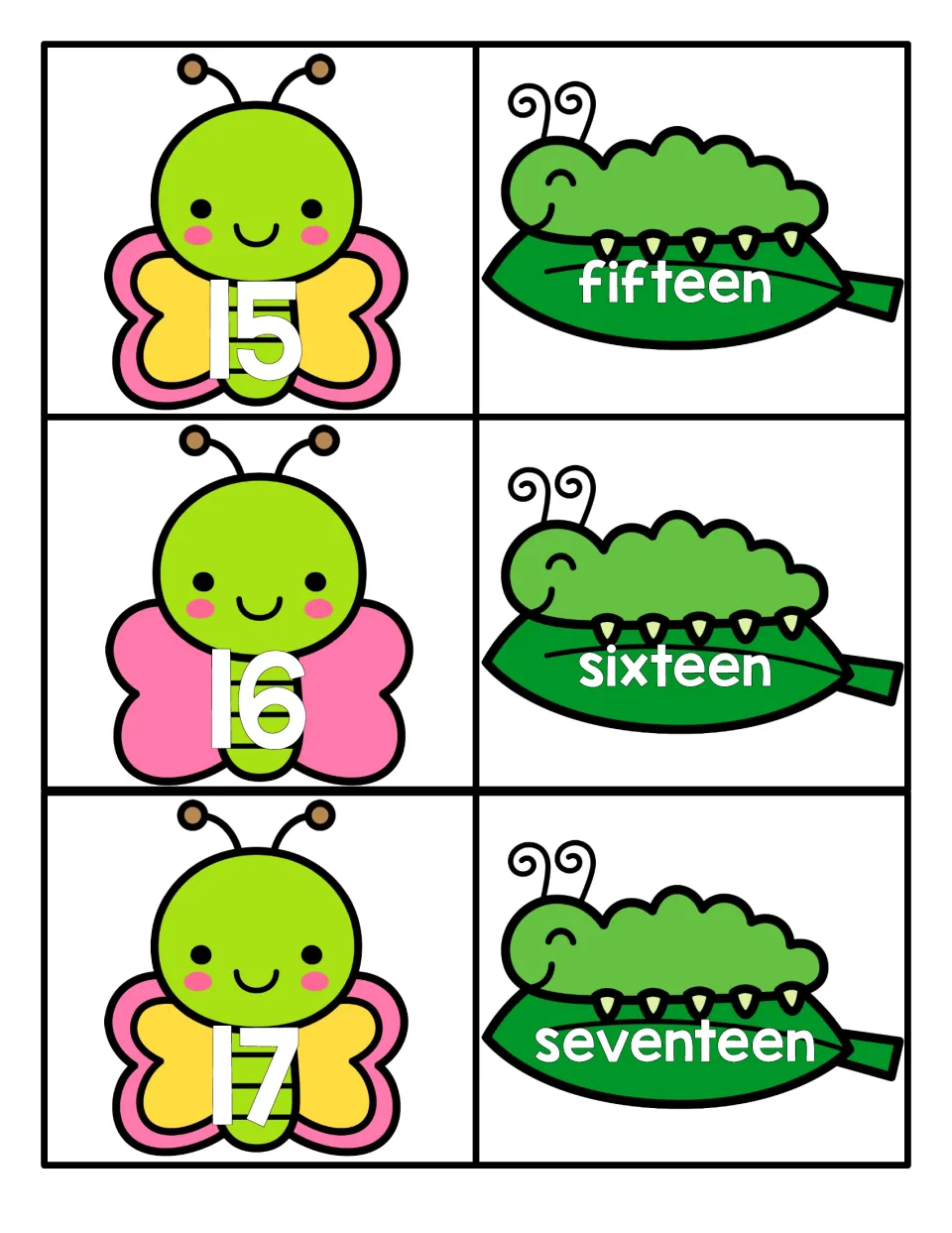 Teen numbers 15 to 17: butterfly cards show numerals 15, 16, 17 and caterpillar cards show fifteen, sixteen, seventeen