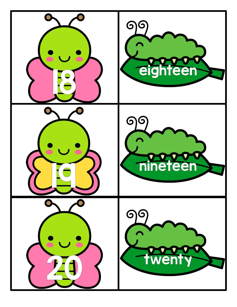 Numbers 18 to 20 matching: butterfly cards show 18, 19, 20 and caterpillar cards show eighteen, nineteen, twenty