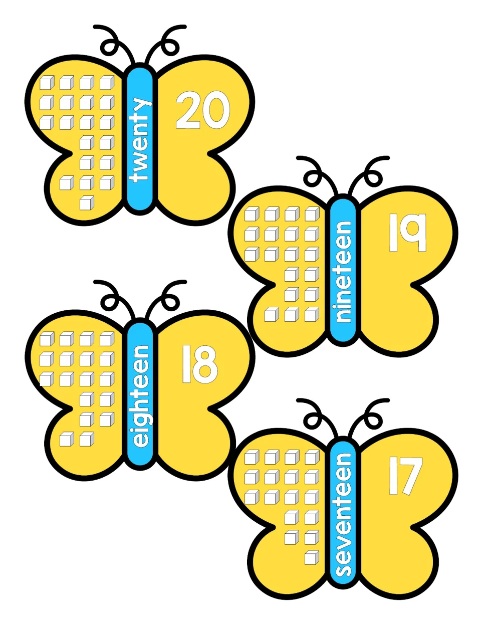 Numbers 17 to 20: four yellow butterflies, each with a numeral, its number word on the body and matching counting cubes