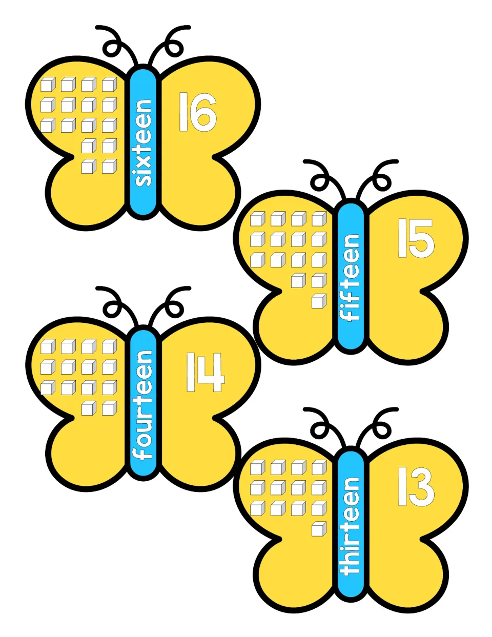 Numbers 13 to 16 butterflies pairing each numeral with its spelled-out word and a set of cubes for counting and matching