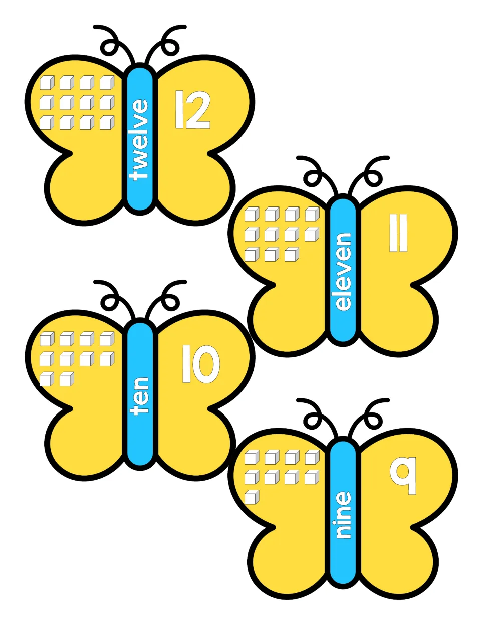 Numbers 9 to 12: butterfly puzzles showing nine, ten, eleven and twelve as a numeral, a number word and a group of cubes