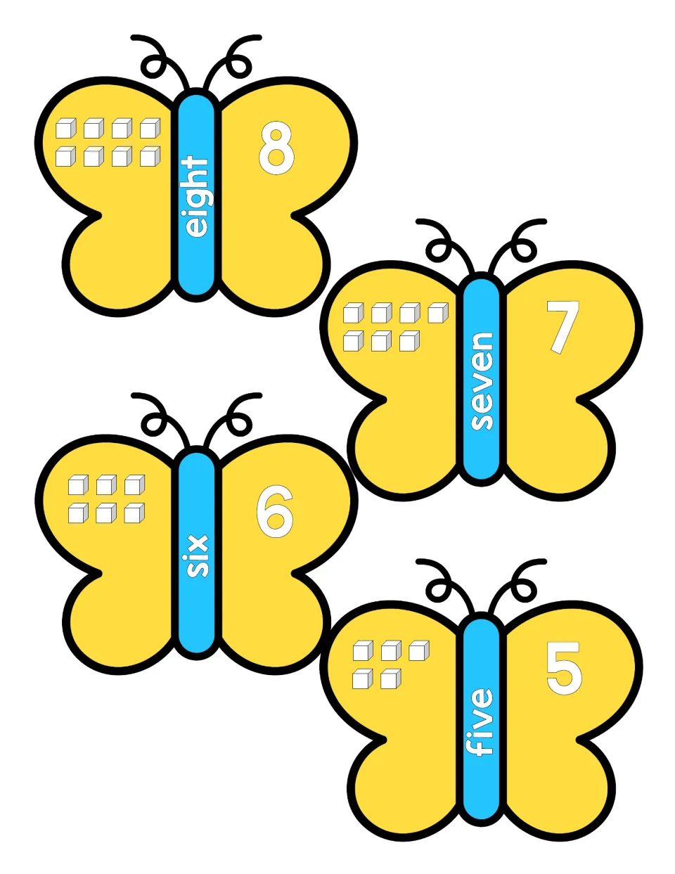 Numbers 5 to 8: butterflies matching five, six, seven and eight to their numerals and to rows of cubes for counting