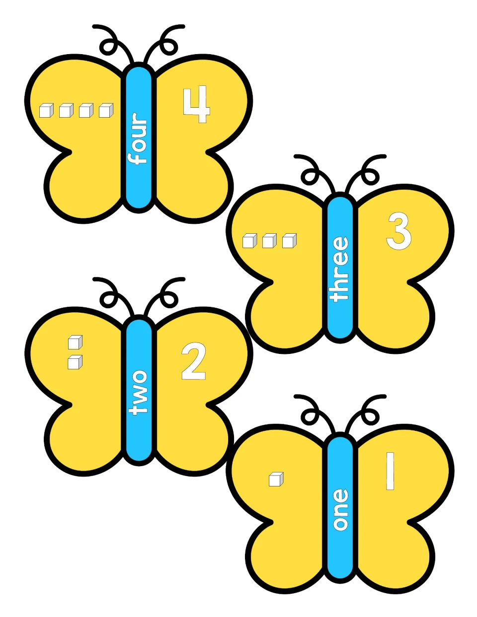 Numbers 1 to 4: butterflies linking each numeral to its number word and 1, 2, 3 or 4 cubes for early counting practice