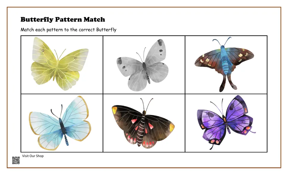 Butterfly matching board 1: students match wing patterns to six butterflies, including yellow, gray, blue and purple ones
