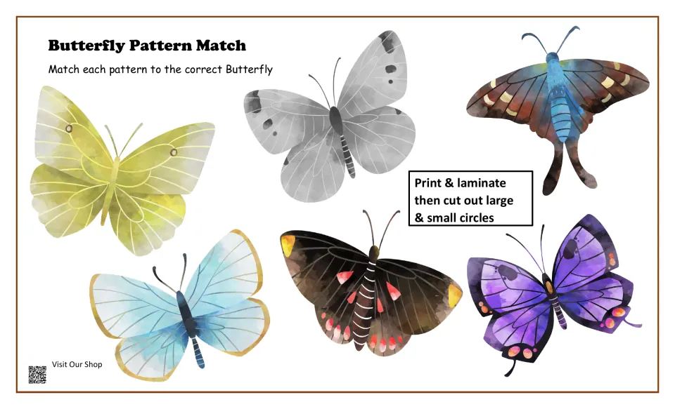 Cut-out pieces for board 1: yellow, gray, brown-blue, light blue, black and purple butterflies to laminate, cut and match