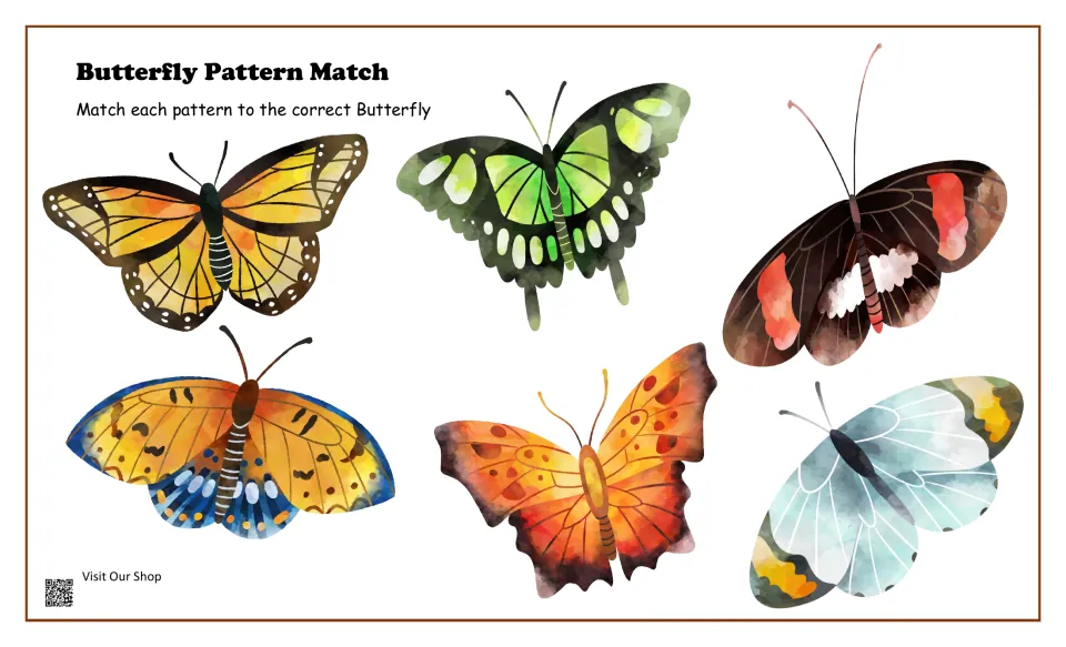 Cut-out pieces for board 2: six butterflies with orange, green, red, blue and pale wing patterns for students to match