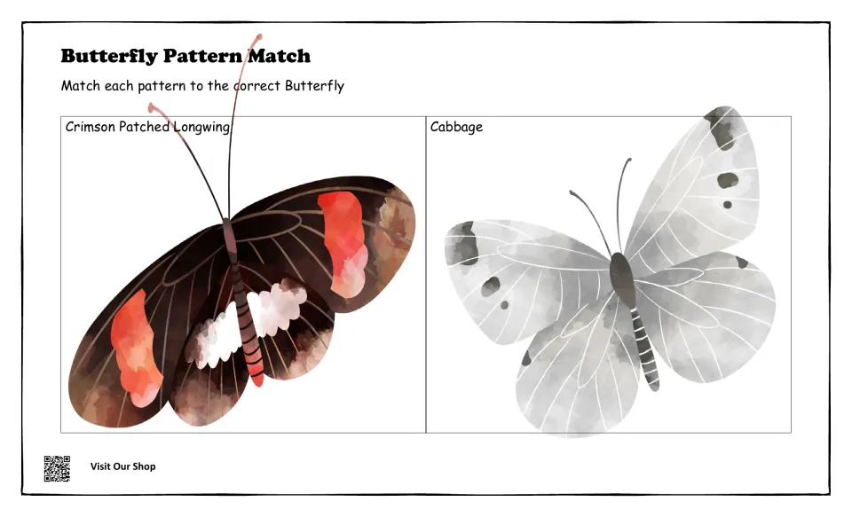 Butterfly matching mat with a red-spotted Crimson Patched Longwing and a grey Cabbage butterfly to match to their patterns