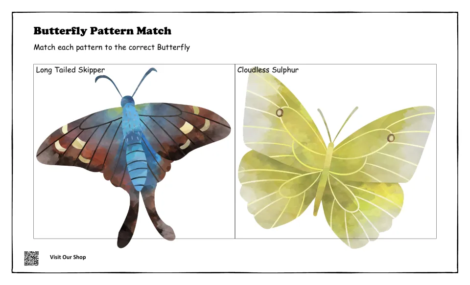 Butterfly matching mat with a blue-bodied Long Tailed Skipper and a yellow Cloudless Sulphur for matching wing patterns