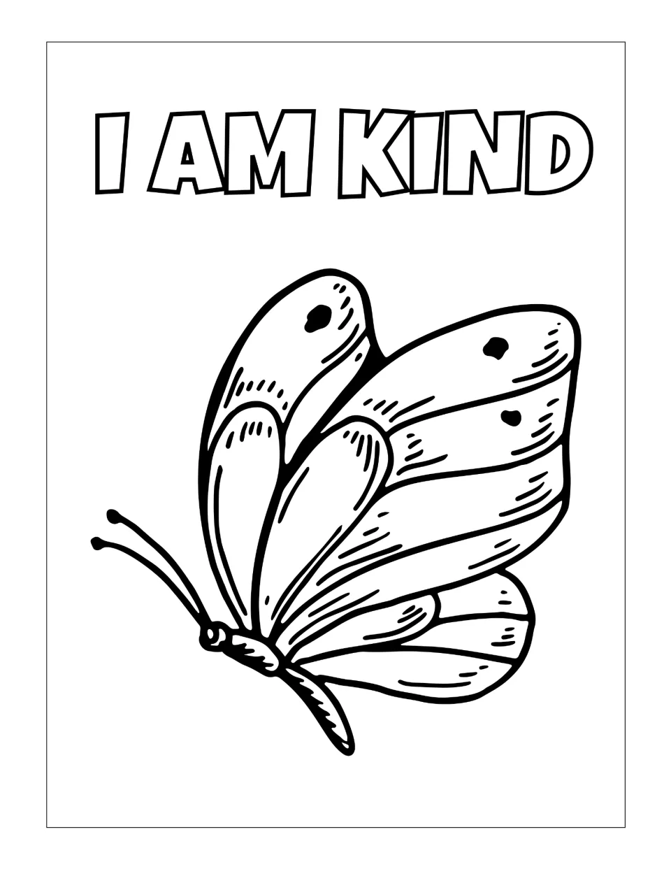 I am kind affirmation to color: students shade a resting butterfly with folded, dotted wings under bold lettering