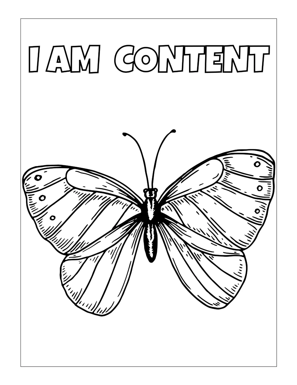 I am content page for coloring: students fill in the words and a front-view butterfly with hatched, spotted wings