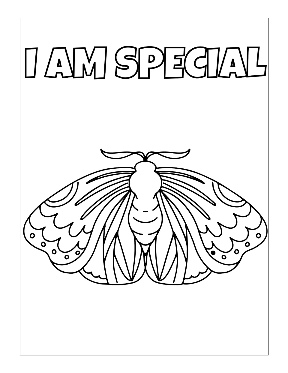 I am special affirmation for coloring: students decorate a broad moth with scalloped, dotted wings and curled antennae